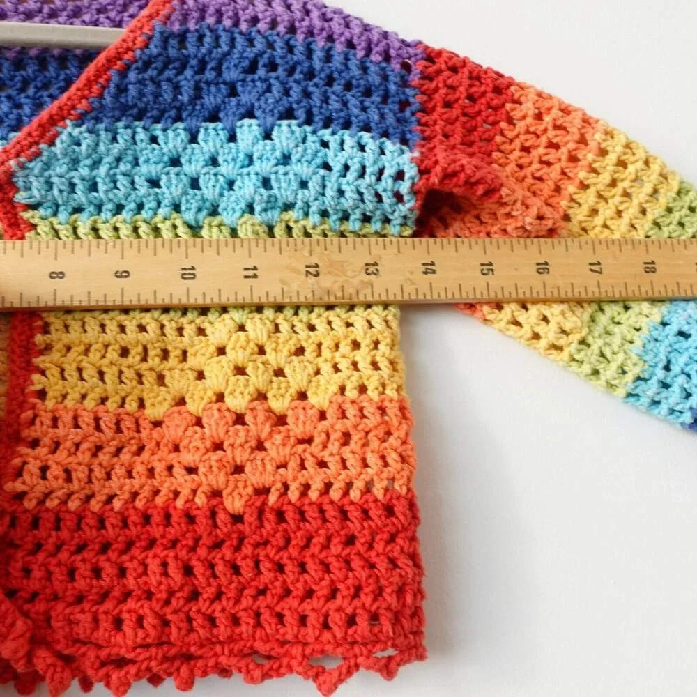 Rainbow Cropped Sweater Girls XL Cardigan Handmade Crochet‎ Bold Open Boho Y2K